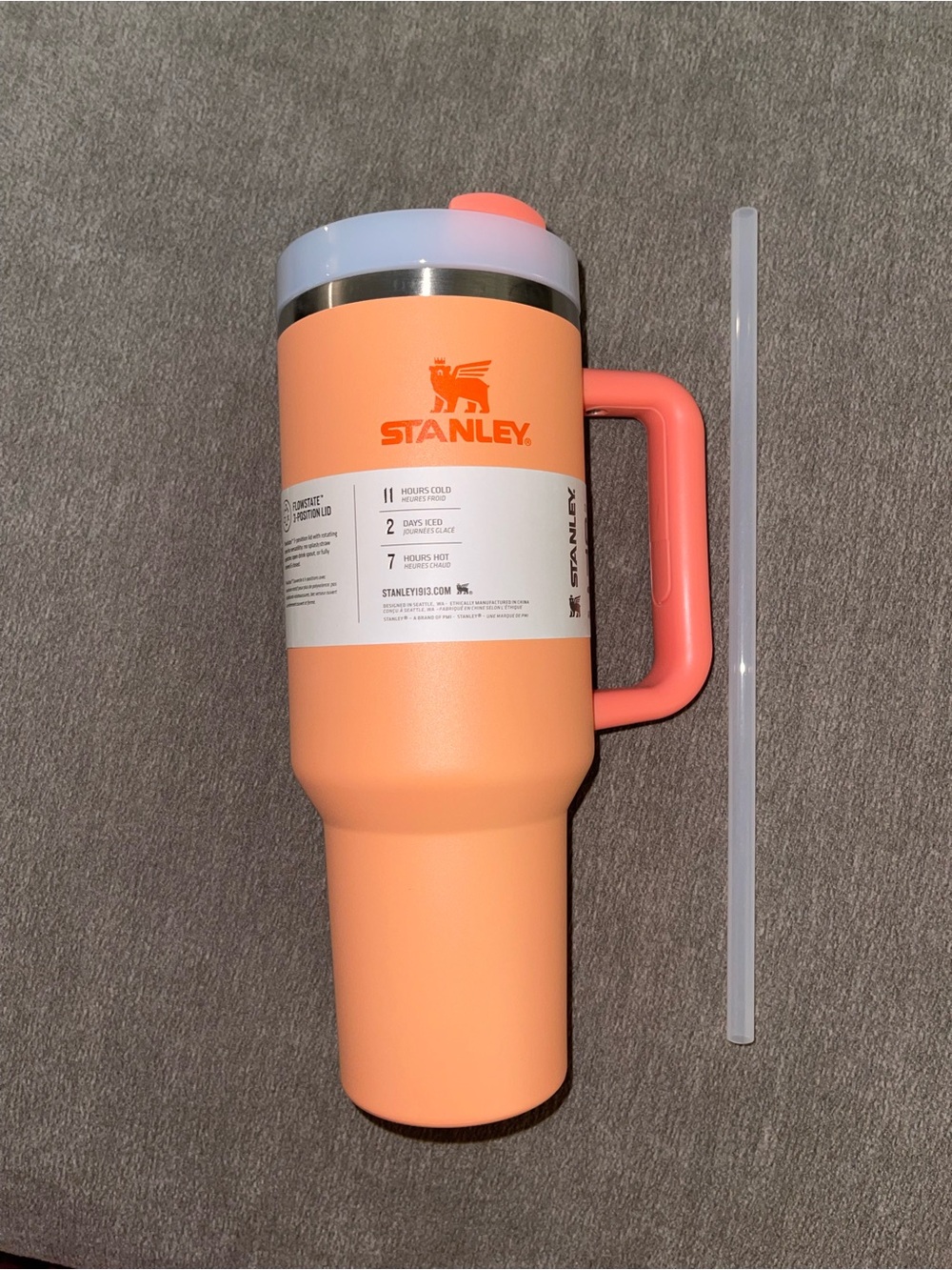 Stanley Peach/Coral Orange Insulated Tumbler Mug with Handle and Straw